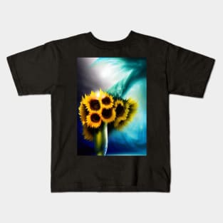 STUNNING CENTREPIECE SUNFLOWERS IN A VASE TEAL BACKGROUND Kids T-Shirt